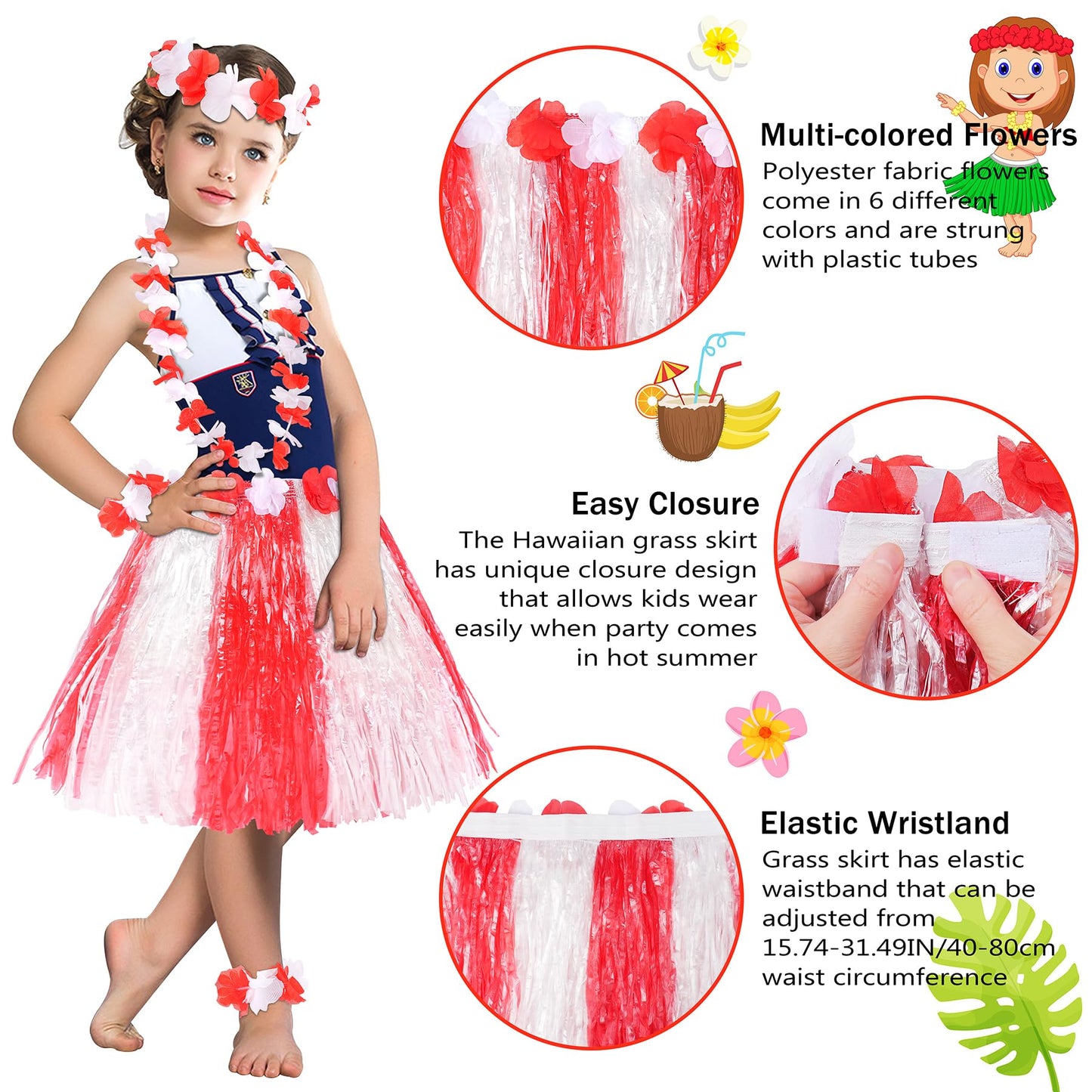 Fortuning'S Jds Hawaiian Hula Grass Skirt For Girls Elastic Flower Costume Kids Outfits For Luau Tropical Beach Party Decor