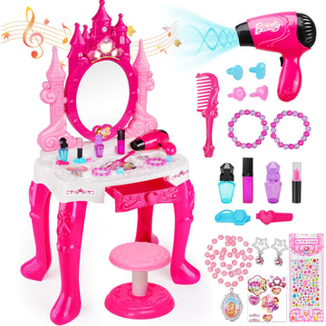 Easface Kids Vanity for Girls, Toddler Makeup Vanity Table and Chair Set Set Toys with Music Light, Pretend Play Princess Dress 