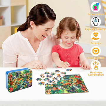 Lelemon Puzzles For Kids Ages 4-6, Jungle Puzzle 60 Piece Puzzles For Kids In A Metal Box, Educational Kids Puzzles Jigsaw Puzzles Childrens Puzzle Games Puzzle Toys For Girls And Boys