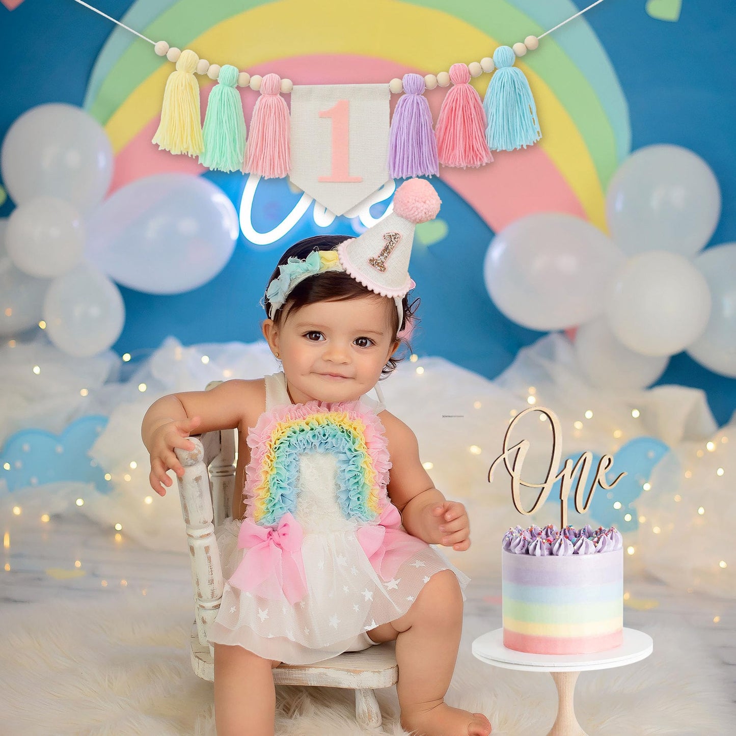 Handmade Boho Macaron High Chair Banner & Hat - Pink Decorations for Girls 1st Birthday - Crown & Cake Topper