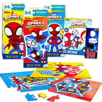 Spidey and Friends Jigsaw Puzzle Set - 3 Pack Spidey Puzzle Bundle with Tattoos and More for Kids Adults (Spidey and Friends Par