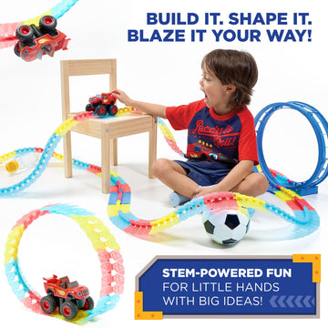 JITTERYGIT Blaze and The Monster Machine Race Track Set - 117-Piece STEM Playset, Glow Tracks, Red, for Kids Ages 3-8