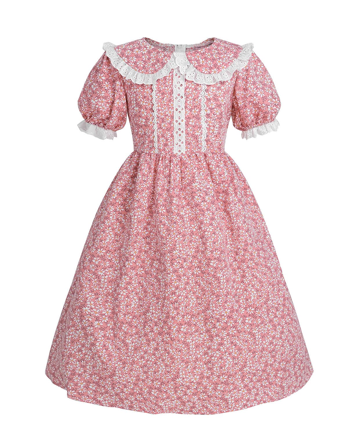 Nuoqi Colonial Costume Girls Prairie Pioneer Dress Laura Ingalls Wilder Costume With Apron Pink, 10-12