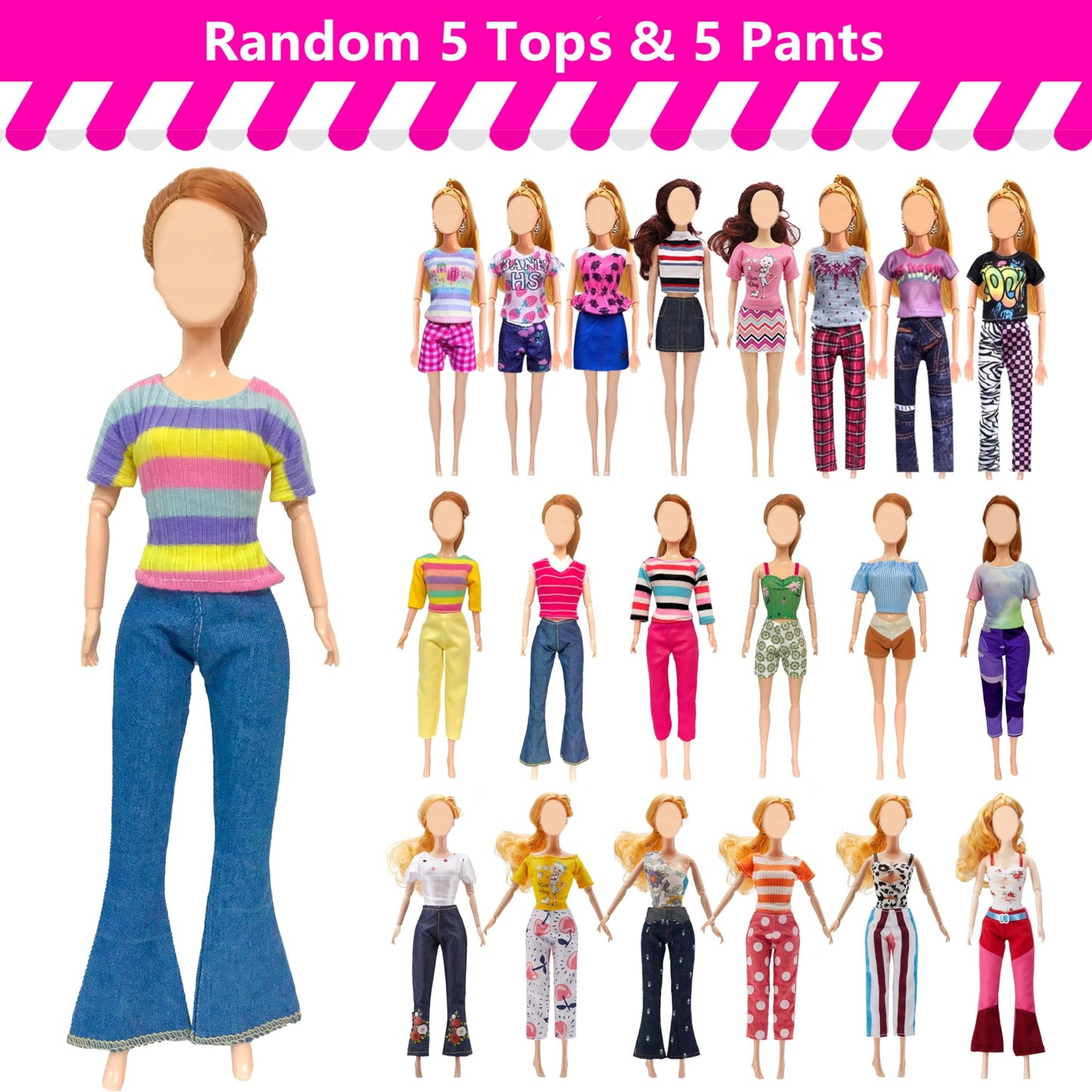 29 Pieces Doll Clothes And Accessories For 11.5 Inch Girl Dolls Outfit Including 5 Tops, 5 Pants, 3 Dresses, 2 Fashionable Dresses, 2 Swimwear, 6 Pairs Of Shoes, 1 Bag, 5 Hangers
