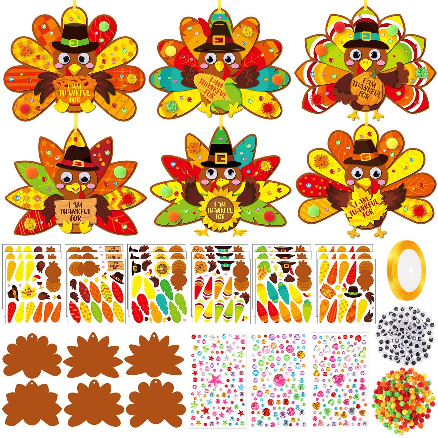 Funrous 48 Sets Thanksgiving Turkey Crafts Kit Turkey Paper Crafts DIY Make Your Own Fall Hanging Ornaments with Pompoms Diamond