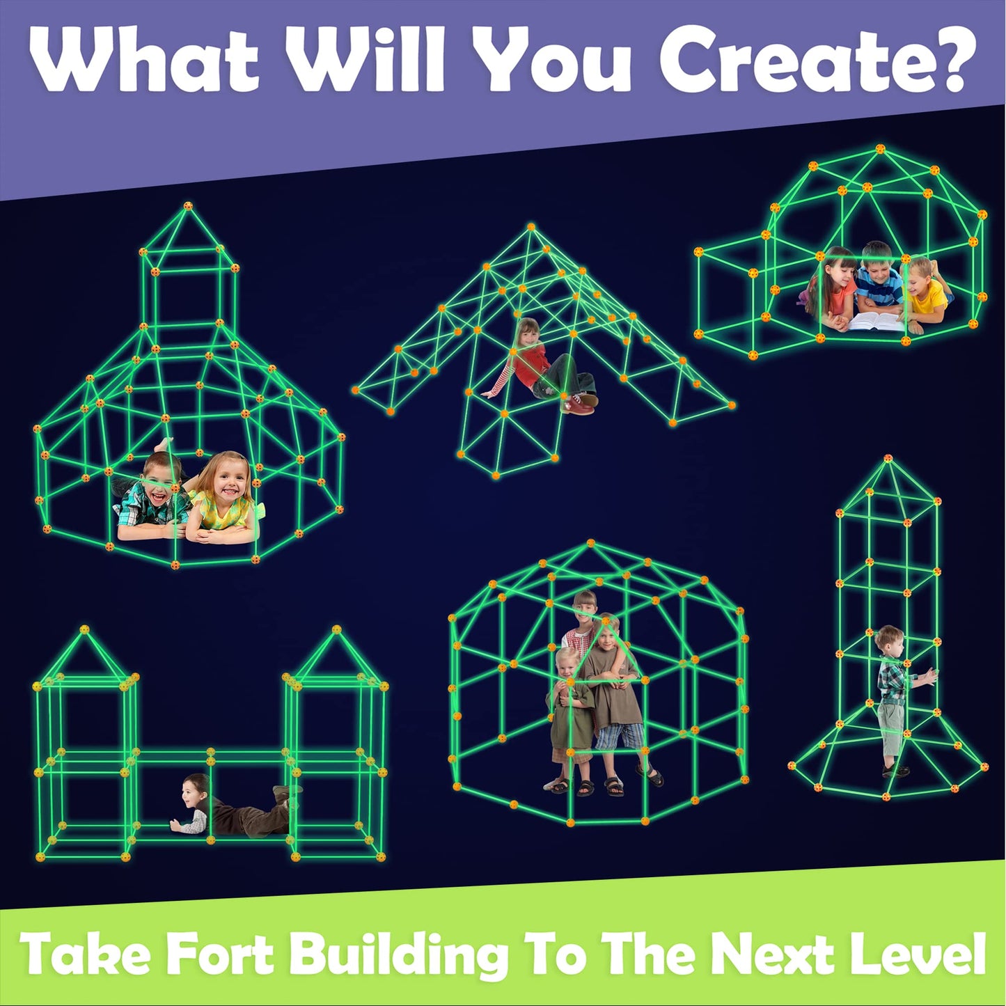 Tiny Land Glow Fort Building Kit for Kids Creative Fort Indoor & Outdoor Construction Toys with 86 Rods and 44 Balls for 5-12 Ye