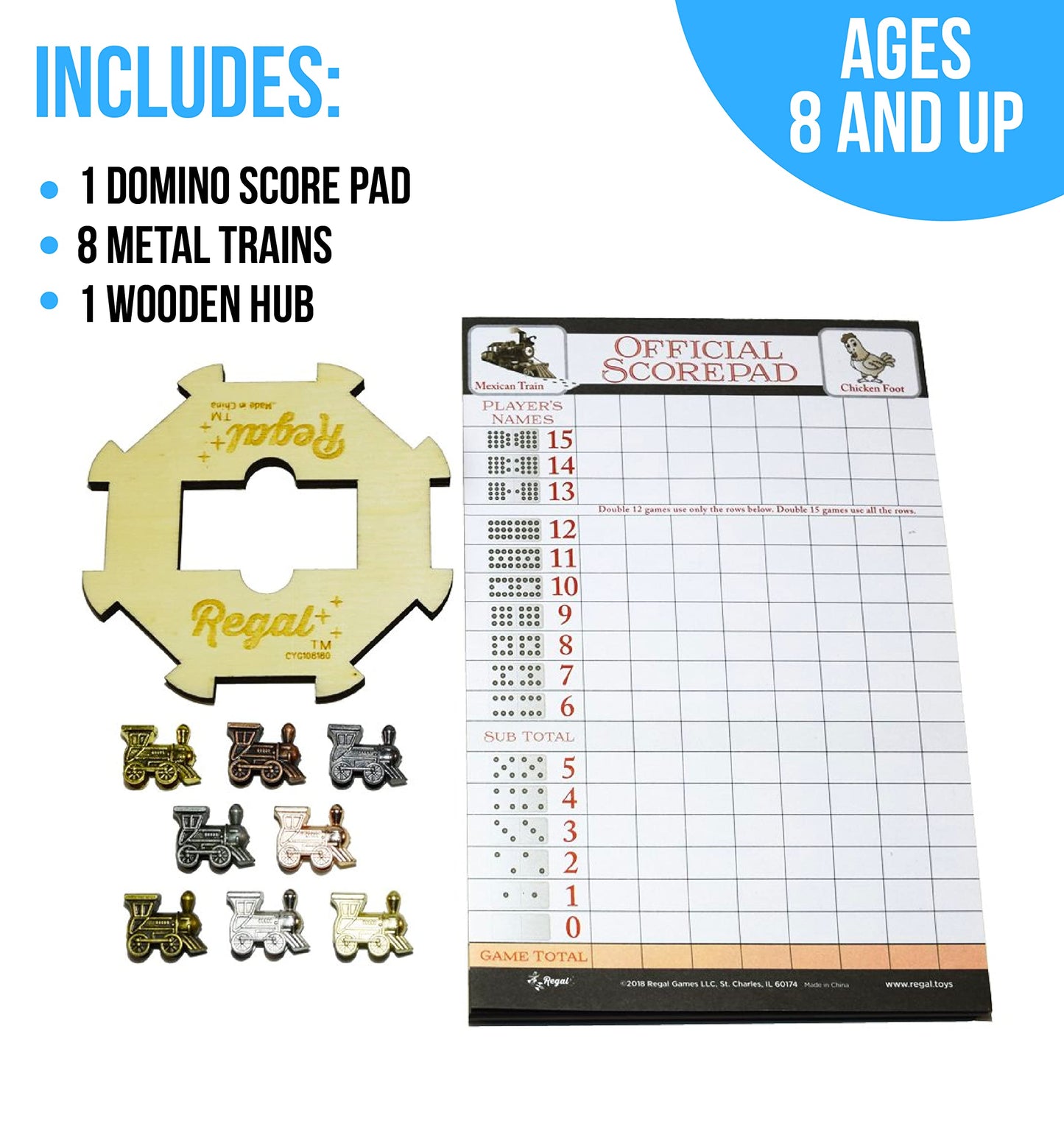 Regal Games Mexican Train Domino Expansion Set - 8 Metal Marker Trains With Unique Finishes - Replacement Wooden Hub - Scoreshee