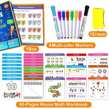 Hulupiggy Preschool Learning Activities 60 Reusable Pages, Number Tracing Addition Subtraction Math Practice Kindergarten Workbo