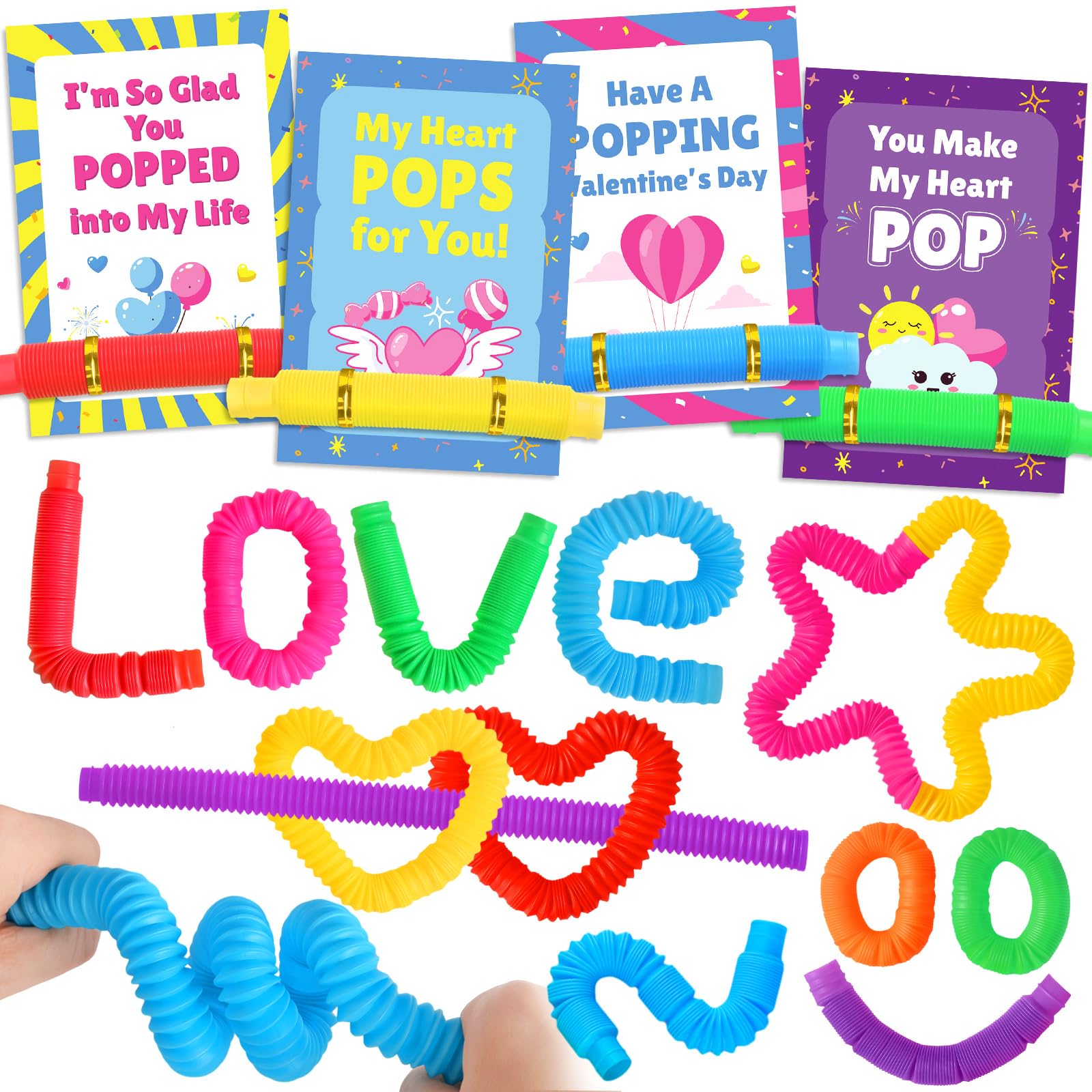 Lacchoufee Valentines Day Gifts Cards For Kids, 28 Pack Greeting Cards With Pop Tubes For Classroom Gift Exchange, Stress Fidget