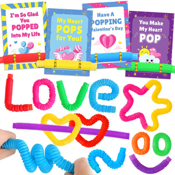 Lacchoufee Valentines Day Gifts Cards For Kids, 28 Pack Greeting Cards With Pop Tubes For Classroom Gift Exchange, Stress Fidget
