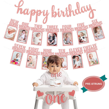 1St Birthday Baby Photo Banner, Happy Birthday Banner 17Pcs First Birthday Decorations For Girl Newborn To 12 Months, First Birt