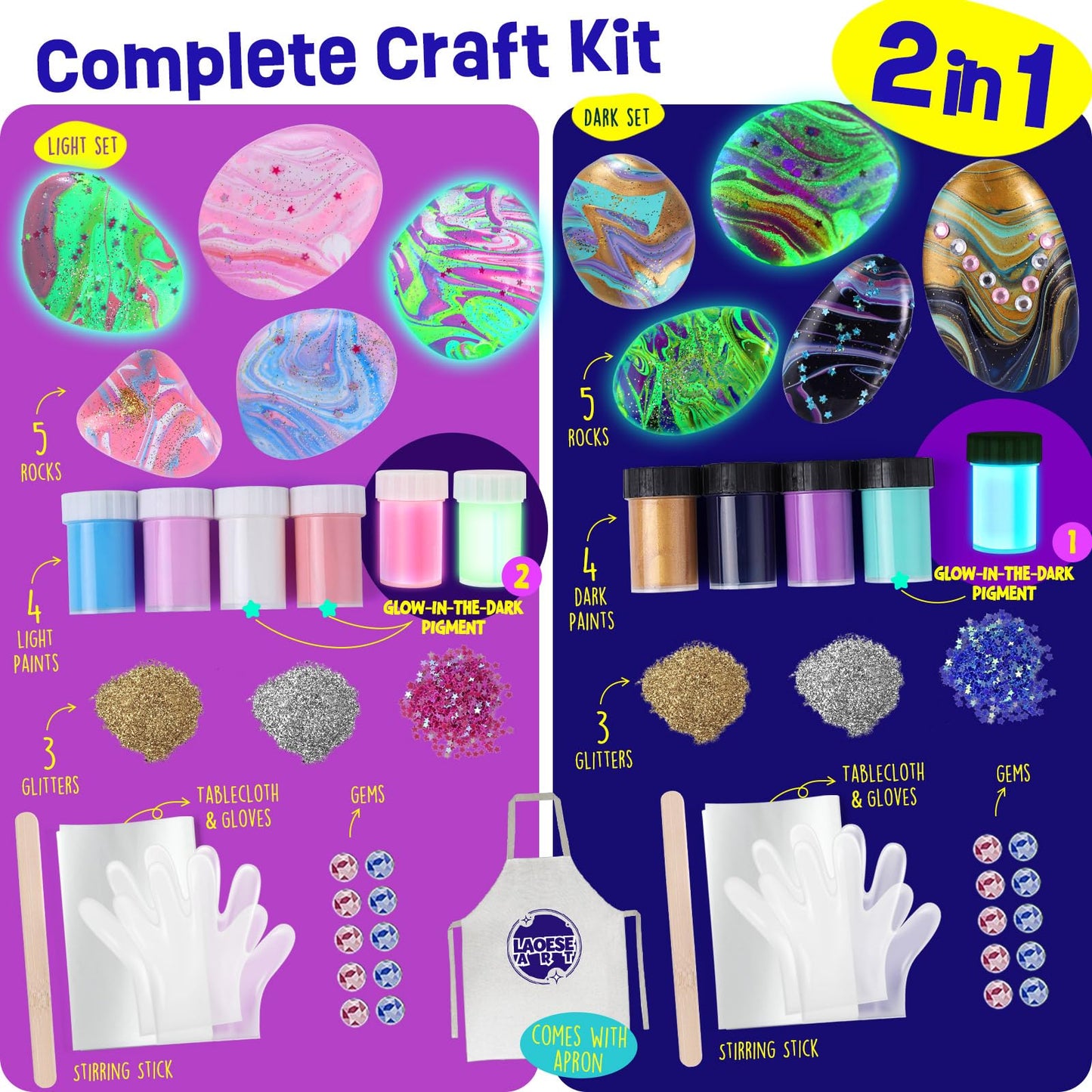LAOESE 2 in 1 Rock Painting Art Kit - Glow in The Dark Pouring Rock Kit - Arts and Crafts for Kids Girls & Boys Ages 6-8, 8-12,