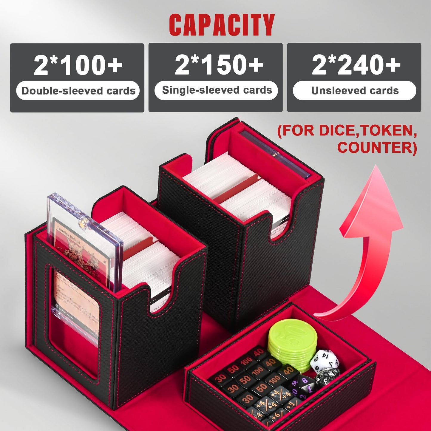 Kabinka Deck Box for MTG with Commander Display  3 in 1 Trading Card Storage Box Fit 200 Double-sleeved Cards  Removable Deck Case for TCG/Sports Cards with 2 Magnetic Card Holders (Black Red)