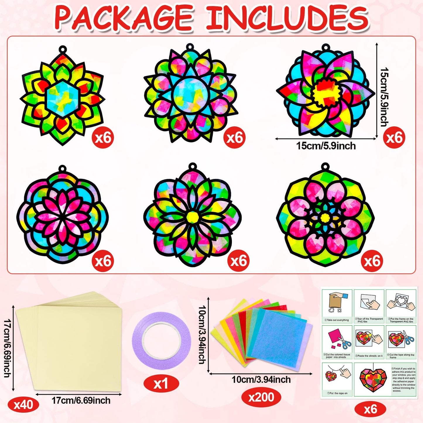 Qyeahkj 36 Set Mandala Suncatchers Crafts for Kids DIY Mandala Window Tissue Paper Craft Kit Art Flower Hanging Decor for Summer