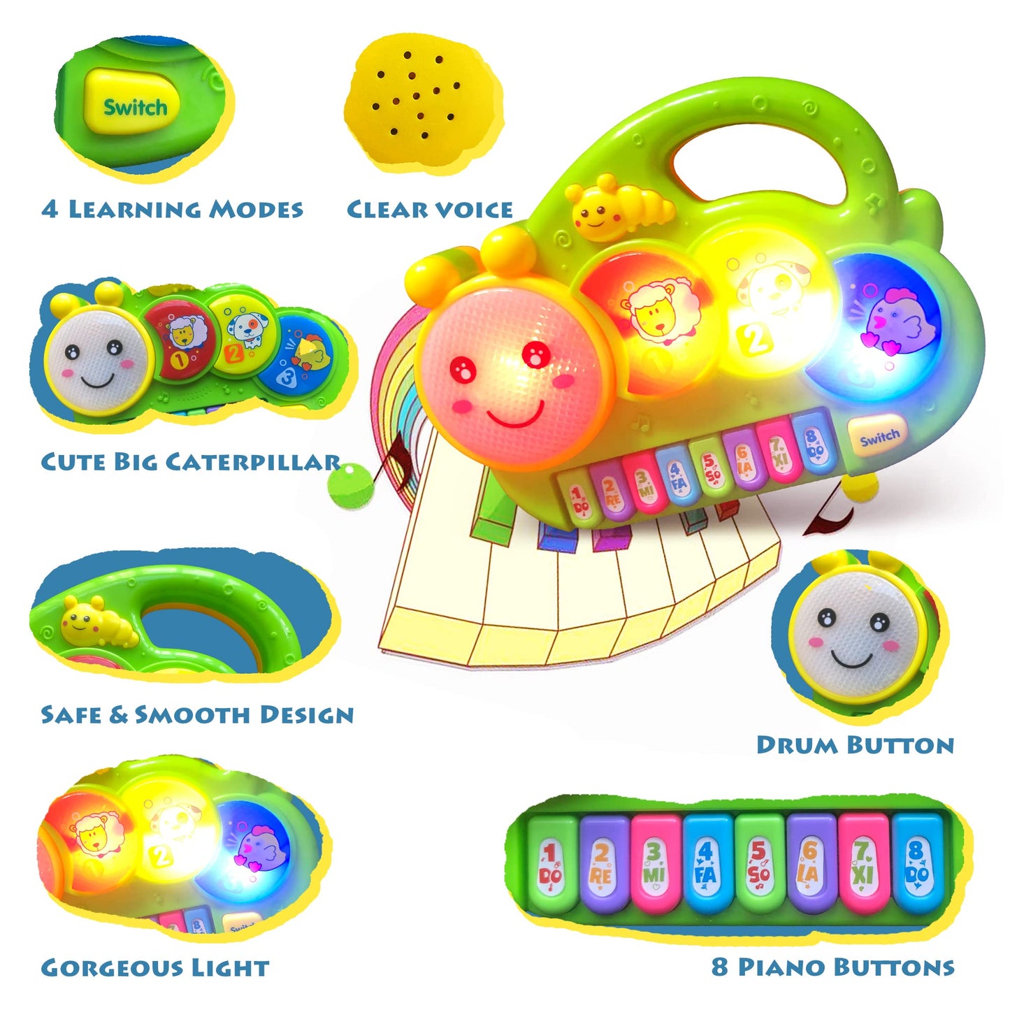 AMINFUN Baby Piano Drum 6-12 Months Toy, Caterpillar Piano Keyboard Drum Light Up Sound Musical Toy, Learning Educational Intera