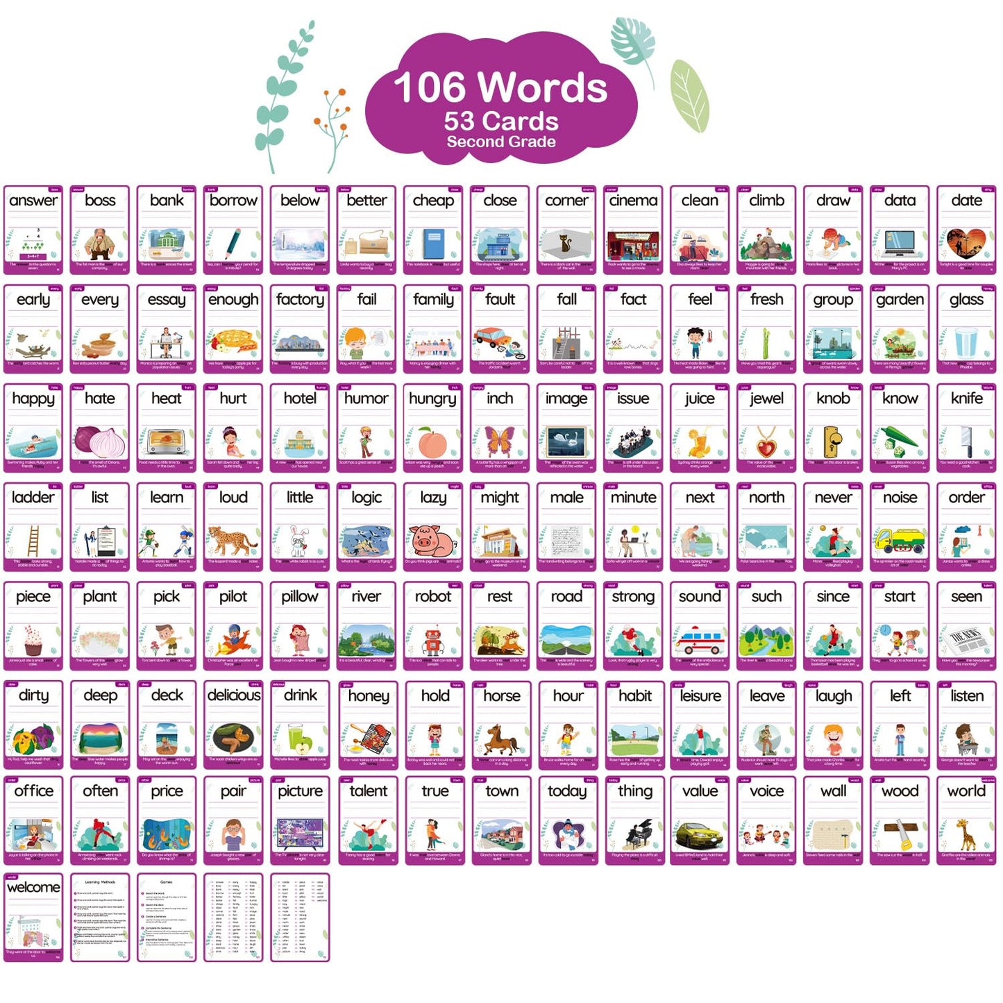 Wjpc 55 Cards, 106Pcs High Frequency Sight Words Flash Cards (Second-Grade), 1St, 2Nd, 3Rd Grade, 7,8,910,11 Years Ages Kids Boy