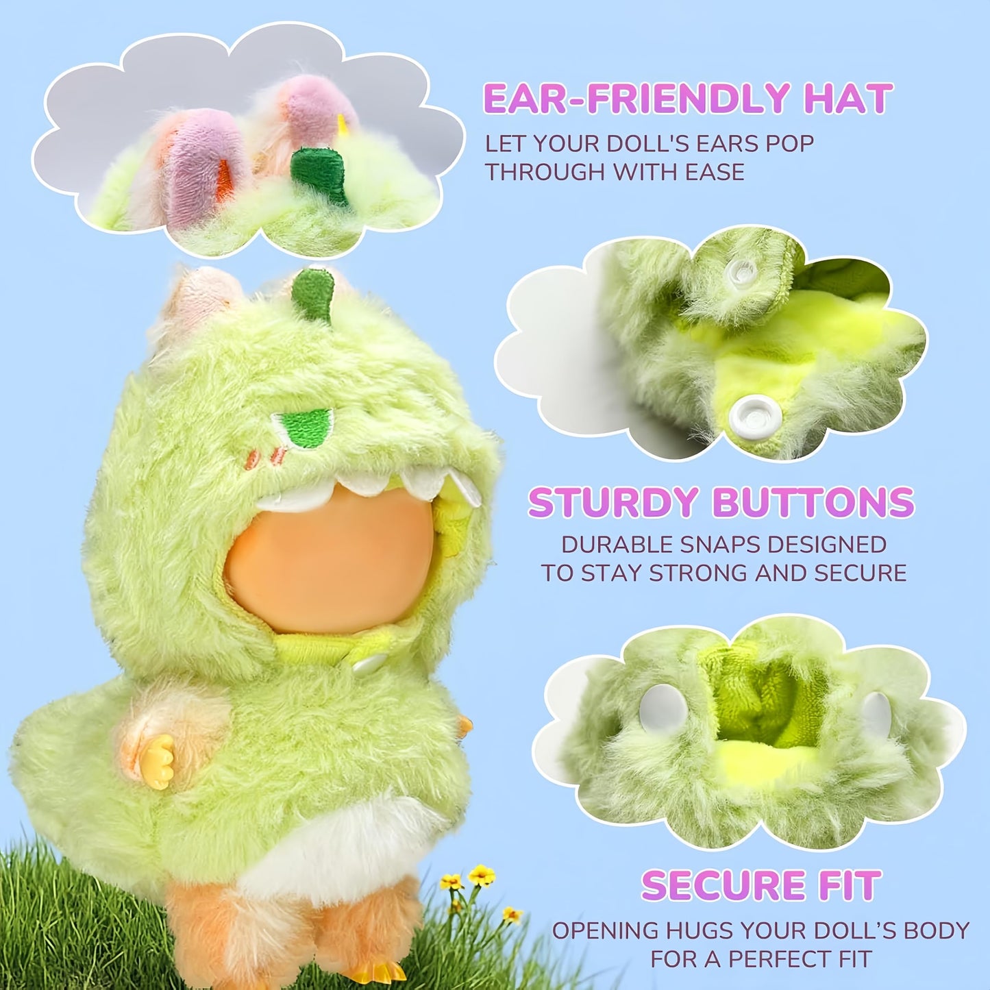 Jrelecs Clothes for Labubu Series 17cm Dolls Cute Dinosaur Costume - enhanced Collector's Outfit Set  Fantasy Style Clothes & Horn Accessories (Doll Not Included) (Style D)