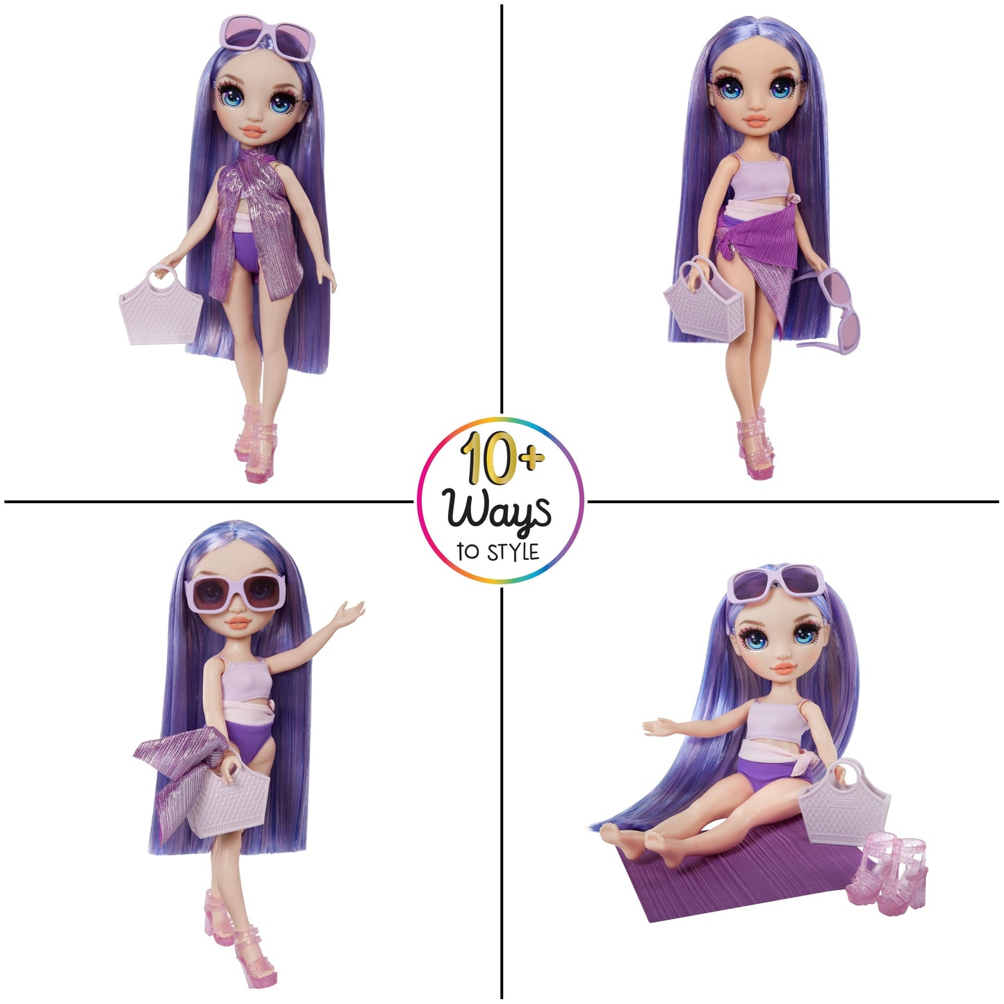 Rainbow High Swim & Style Violet, Purple 11' Fashion Doll With Shimmery Wrap To Style 10+ Ways, Removable Swimsuit, Sandals, Fun Play Accessories, Great Toy Gift For Girls Kids Ages 4-12 Years