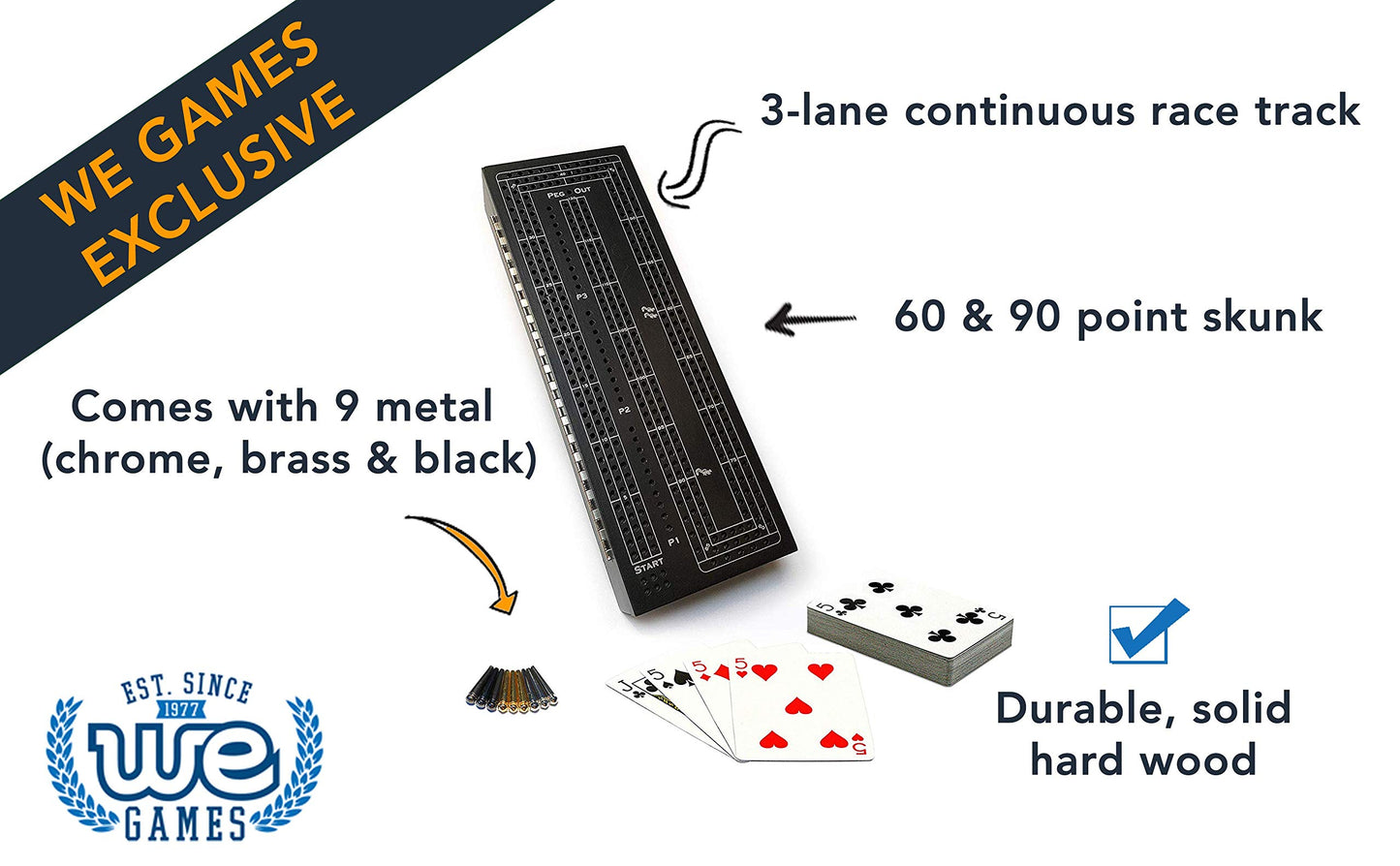 We Games 3 Player Wood Cribbage Set - Easy Grip Pegs And 2 Decks Of Cards Inside Of Board - Black Stained