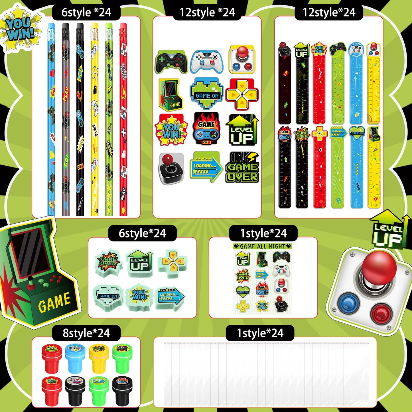 Cholemy 168 Pcs Video Game Party Favors Include Gaming Mini Notebook Gamer Birthday Sticker Pencil Stamper Ruler Eraser for Boy
