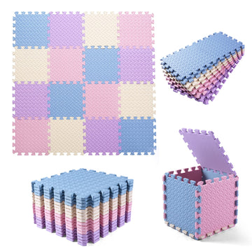 Tamiplay 16Pcs Foam ,Eva Soft Interlocking Floor Mats, Solid Colored Foam Puzzled Baby Play Mat Exercise Mats With Storage Bag(Beige/Pink/Purple/Gray Blue)