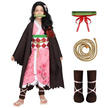 Spooktacular Creations Halloween Ninja Costumes For Kids, Girls Kimono Set With Wig, Toddlers Pink Anime Outfit For Halloween Cosplay Parties (Medium(8-10 Yrs))