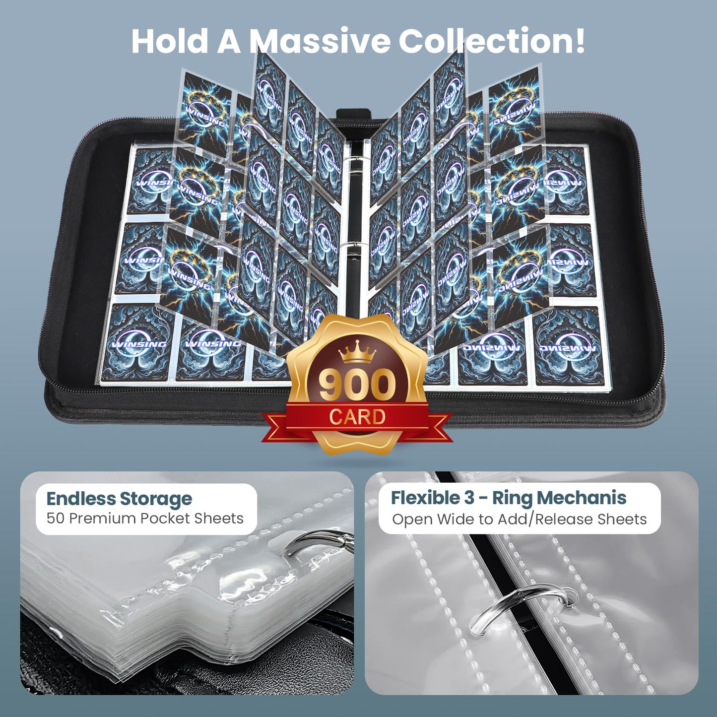 Winsing Card Binders 9 Pocket with 900 Pockets enhanced Zipper Case with 50 Removable Pages  Trading Folder Album Sleeves Holder Sheets for Game and Sports Cards Gifts for Boys and Girls Grey