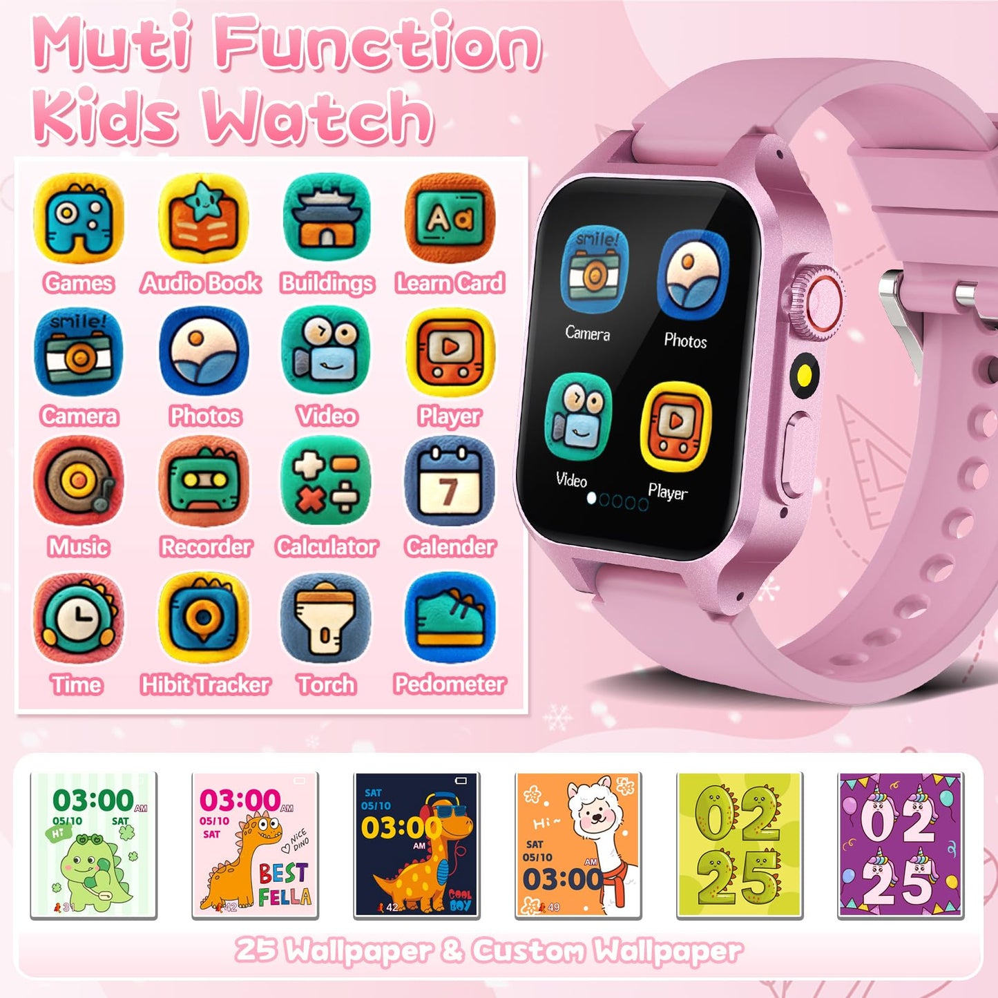 Smart Game Watch for Kids with 32 Games, Telescopic Camera, Pedometer, Alarm, Video, Music, Auidobook, Learn Card, Parental Cont