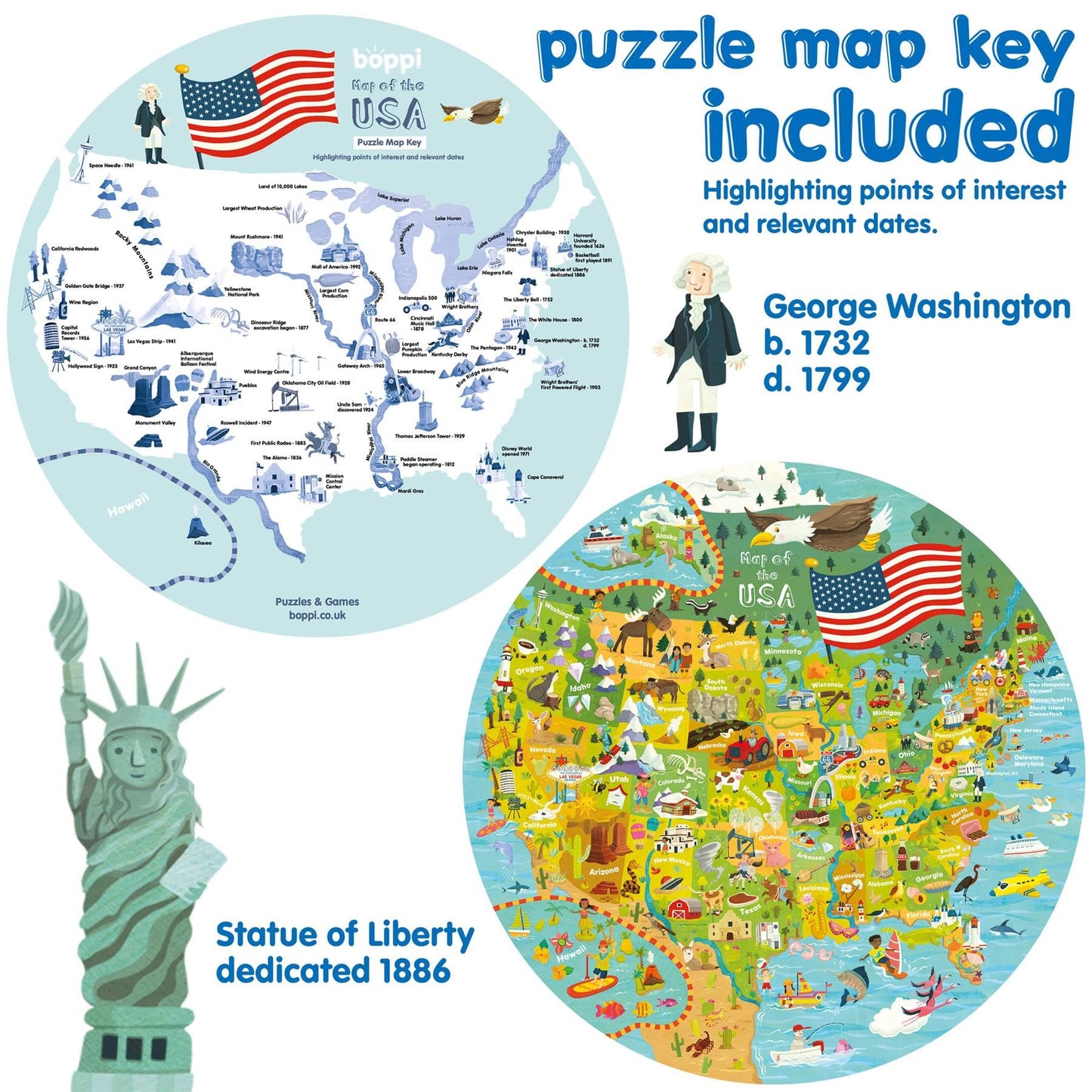 boppi USA State Map Jigsaw Puzzle - 150 Pieces, 100% Recycled Card, Educational Fun for Kids Ages 5+, Colorful USA Map Design