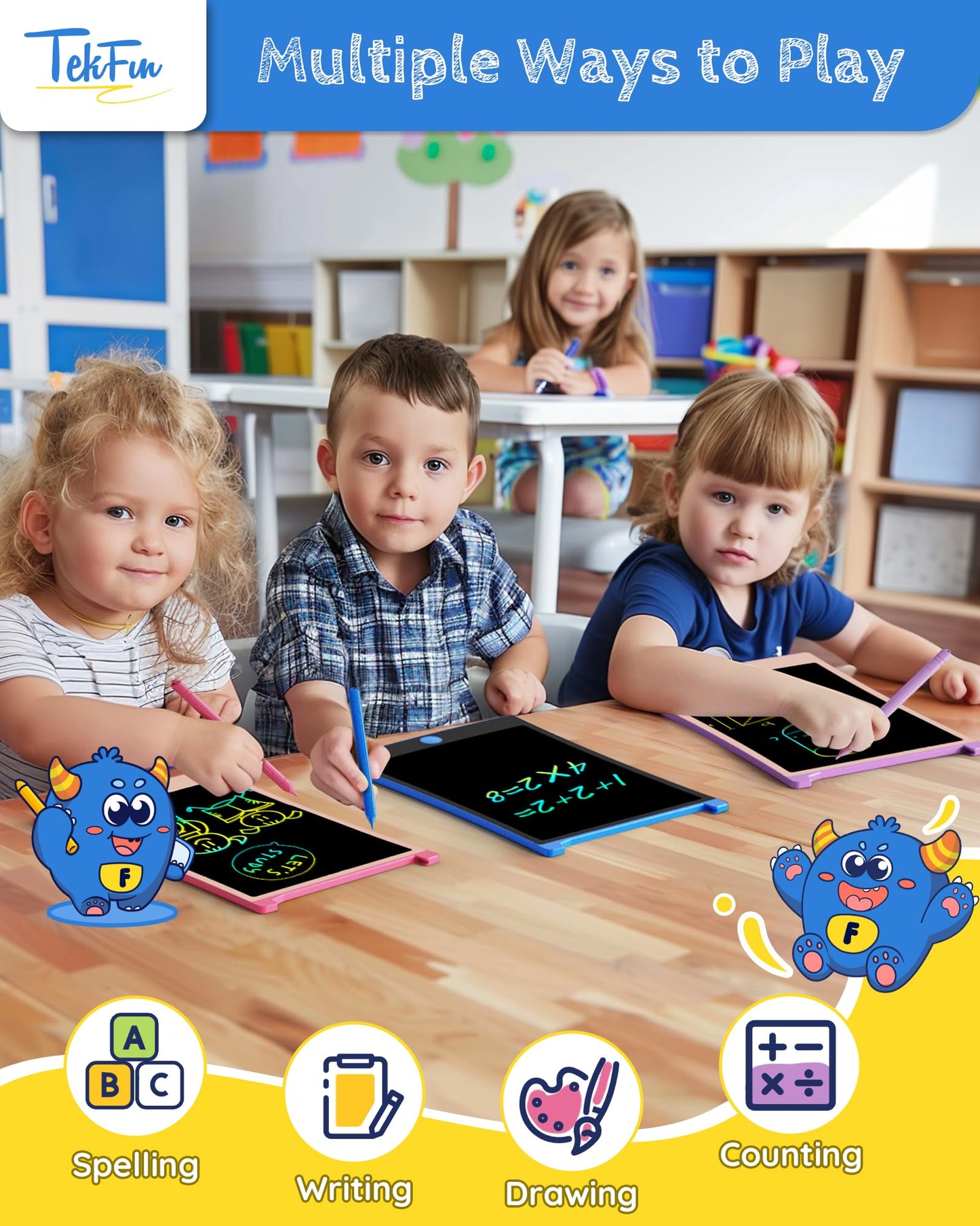 TEKFUN Kids Toys, 2Pcs LCD Writing Tablet with 4 Stylus, 8.5in Erasable Doodle Board Mess Free Drawing Pad for Kids, Car Trip Ed