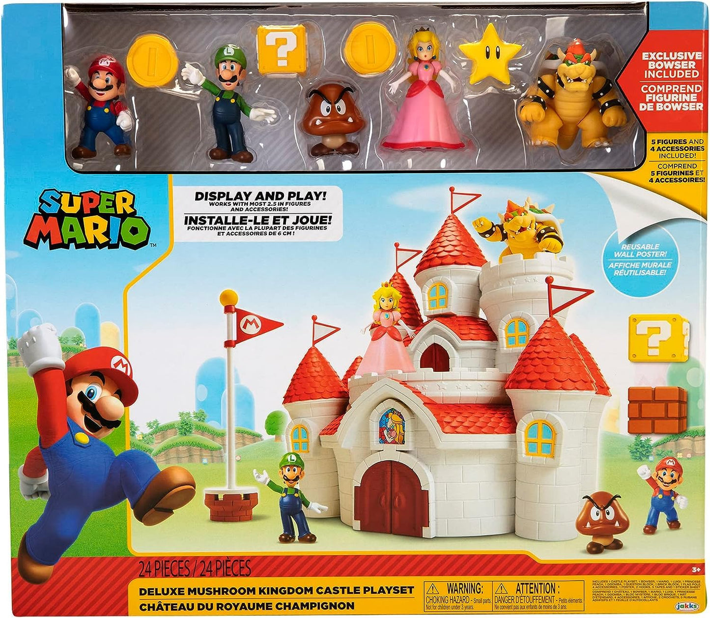 JAKKS Pacific Super Mario Deluxe Mushroom Kingdom Castle Playset with 5 Figures, 2.5" Size, Plastic, Model 70843-1-SOC