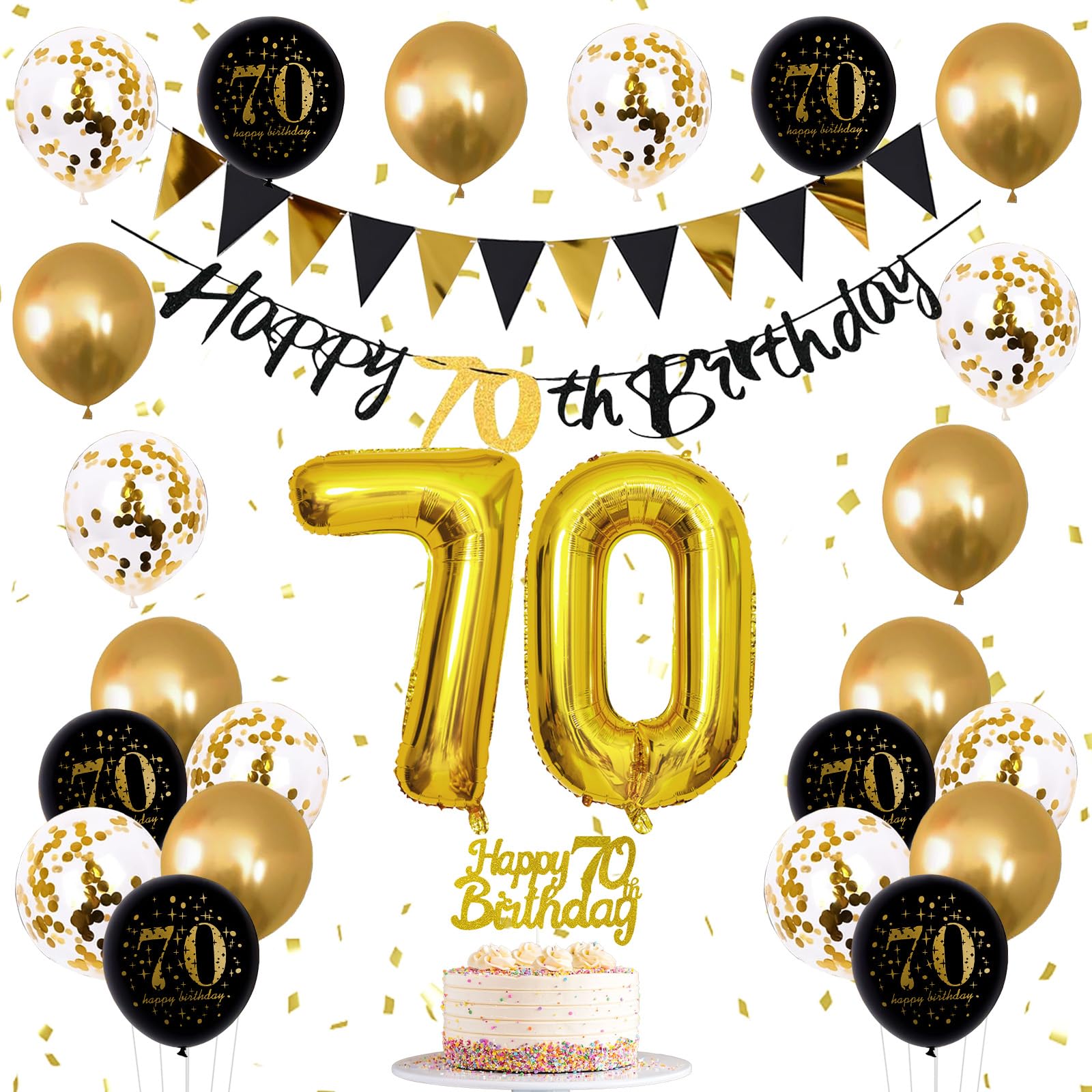 Jobkoo 70Th Birthday Decorations Men, Black Gold 70Th Birthday Party Decoration Women Golden Black 70Th Birthday Balloons 70Th C