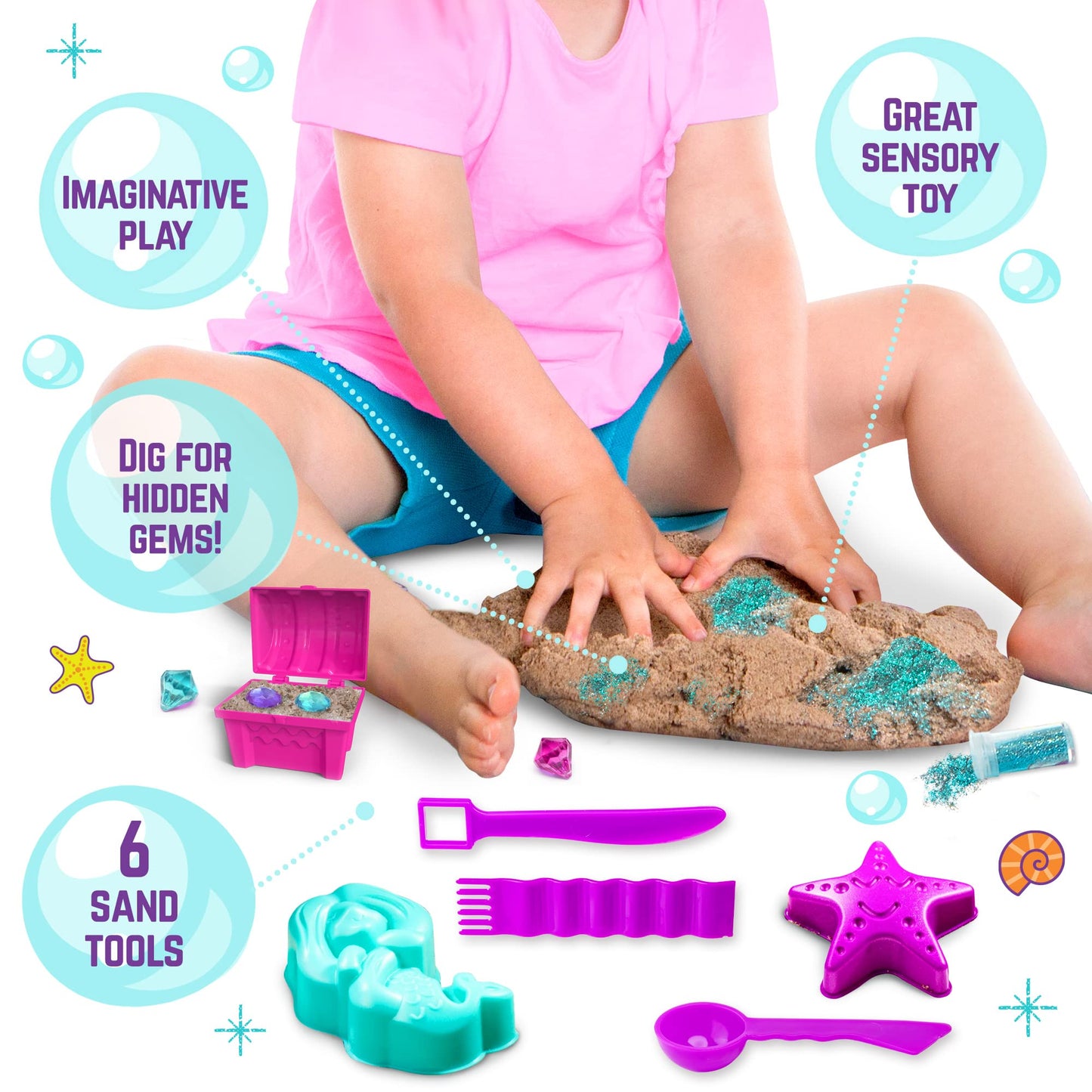 Girlzone Mermaid Sensory Sand Kit, 2Lbs Moldable Play Sand For Kids Aged 3+, Magic Sand With Gems, Tools & Portable Treasure Chest, Kids Toys For Playdates, Party Games & Gifting