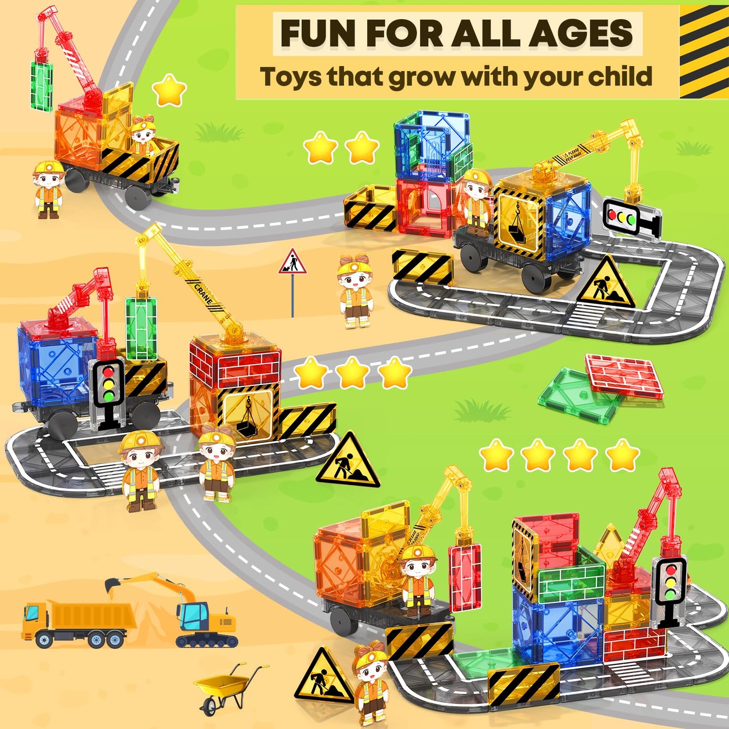 Kids Games Magnetic Tiles With 2 Cranes Construction Toys Set Sensory Toys For Boys Girls Ages 3-6 5-7 8-13, Gifts For 3+ Year Old Boys Girls Toddler Outdoor Kids Toys With Car