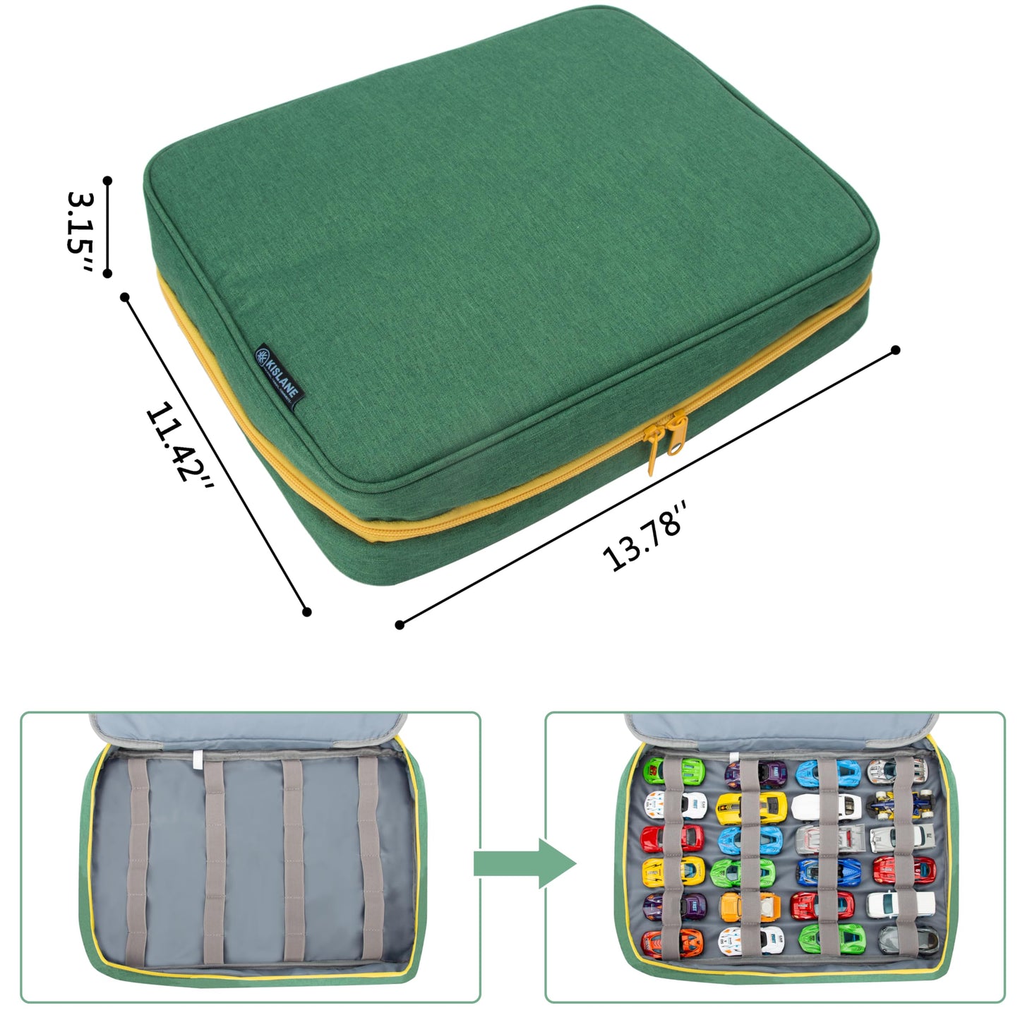 KISLANE Toy Car Storage Case - Holds 48 Cars, Green Polyester, Model KL20010
