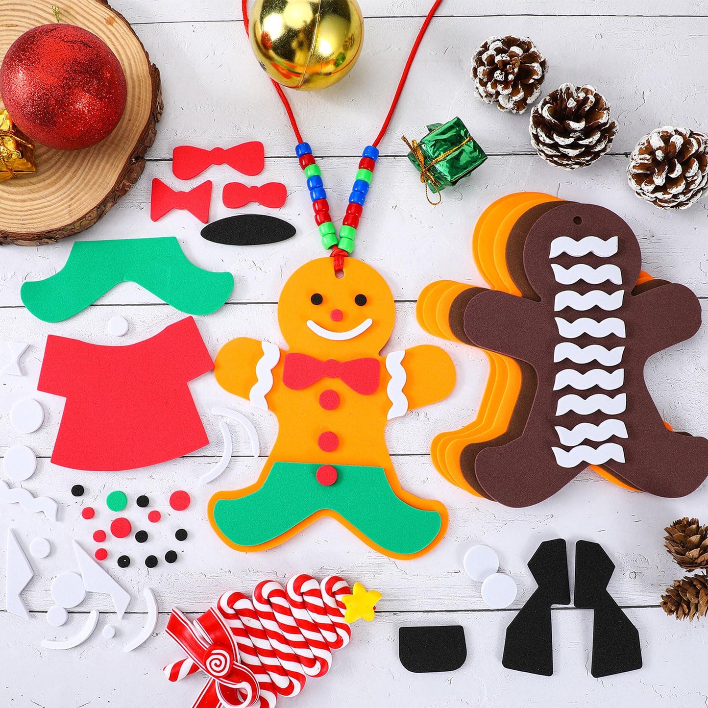 Yuxung 24 Sets Christmas Craft Kits for Kids DIY Gingerbread Man Necklace Crafts Kit Xmas Foam Crafts for Kids Christmas Holiday
