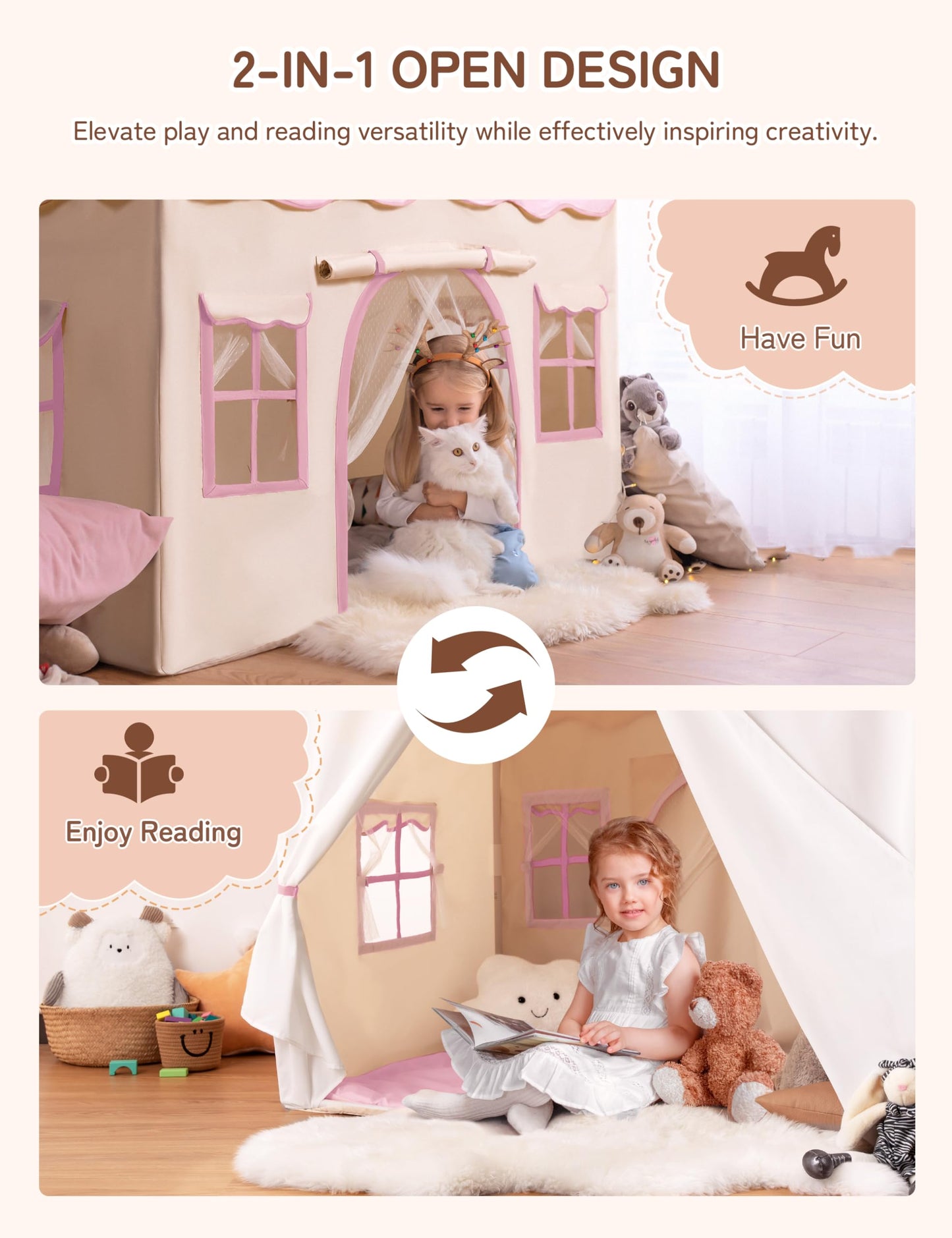 Besrey Kids Play Tent, Kids Playhouse 2 In 1 With Padded Mat And Lights, Large Play Tent With 2 Doors & 4 Windows, Kids Play Tent Indoor & Outdoor, Christmas Toddler Tent For Kids, 51' X35' X 51'