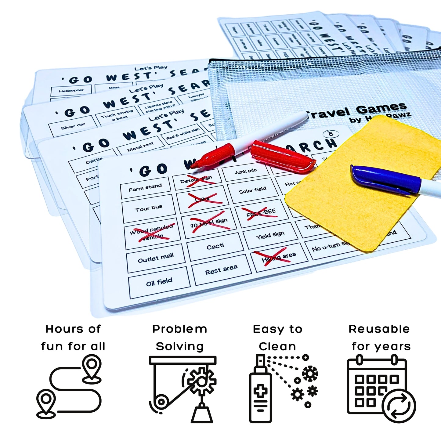 Travel Games For Families: Bundle: Highway & Go West, 72 Unique Games, Reusable Laminated Cards with Dry Erase Markers, Kid Scav
