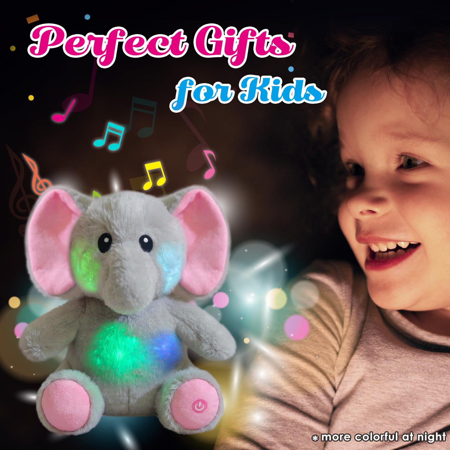 Cuteoy LED Glowing Elephant Nightlight Plush Toy, 10.5" Cotton, Musical Lullabies, Perfect Gift for Kids Boys Girls