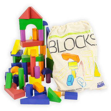 Stages Sensory Builder 50-Piece Colored Wooden Blocks In Canvas Storage Bag Learning Materials