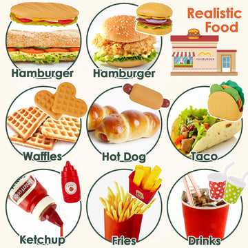 BUYGER Fast Food Play Food Toys for Kids Toddler Children Toy Kitchen Accessories Playset Plastic Toy Food Sets Pretend Play Gif