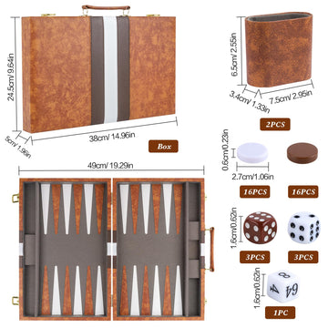 Buweeo Backgammon Set, 15 Inch Portable Board Game With Pu Leather Case For Adults, Brown Backgammon Travel Set