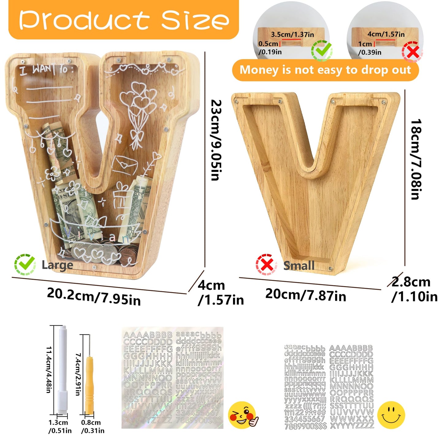 weallbuy Large Letter Piggy Bank for Kids Boys Girls Wooden Personalized Piggy Banks A-Z with Target Area Clear Alphabet Banknote Coin Banks for Gift Decoration Baptism (V)