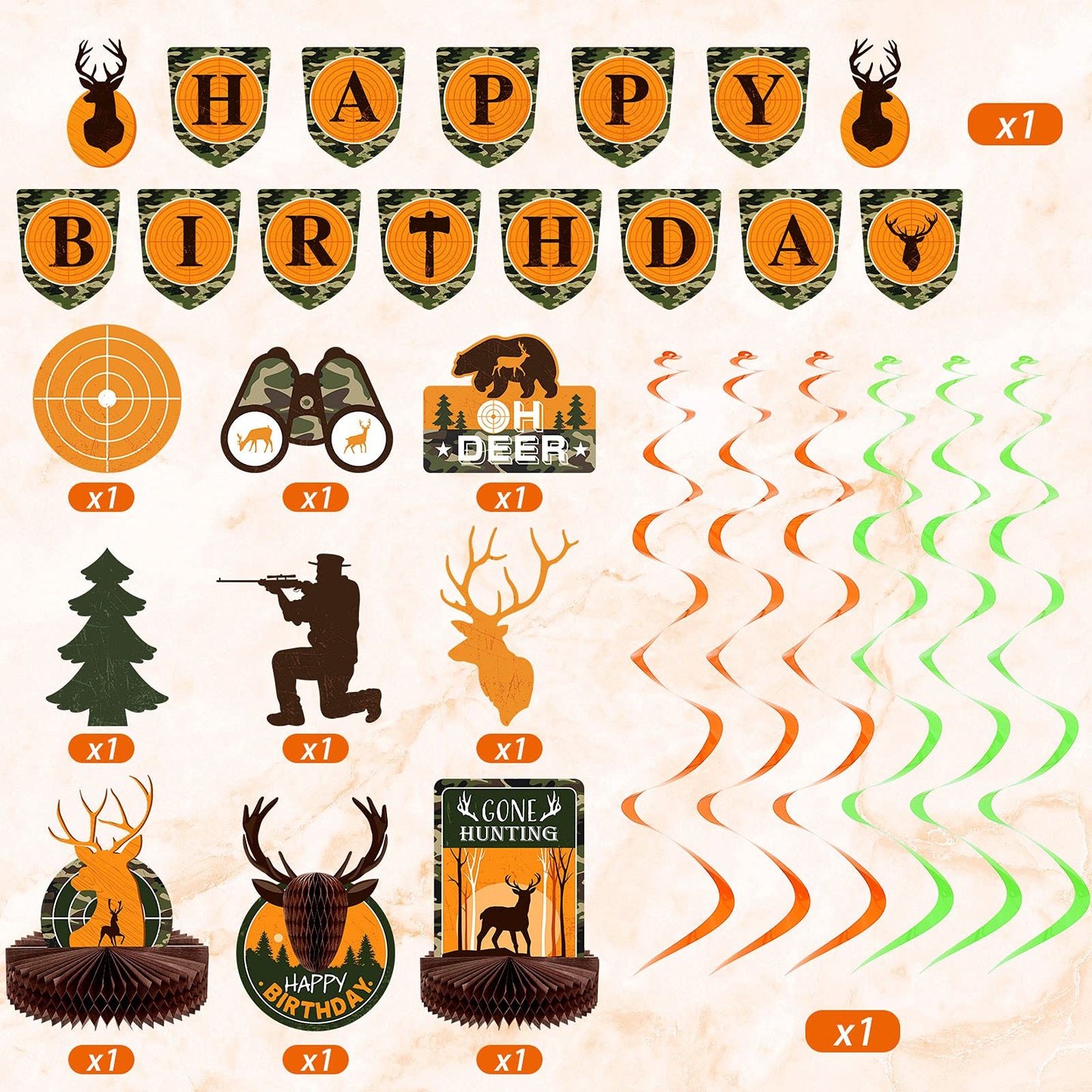 Tatuo 16 Pcs Camo Deer Hunting Birthday Party Decorations - Orange Paper Set with Banner & Centerpieces