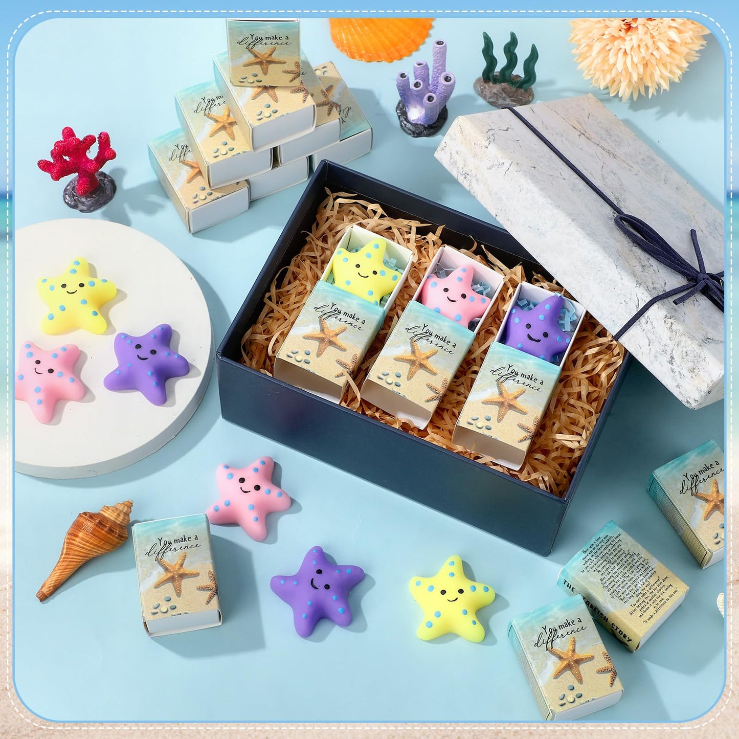 Wettarn 24 Sets Starfish Story Gifts Cute Stress Balls with Gift Boxes You Make a Difference Desk Decor Appreciation Party Favor