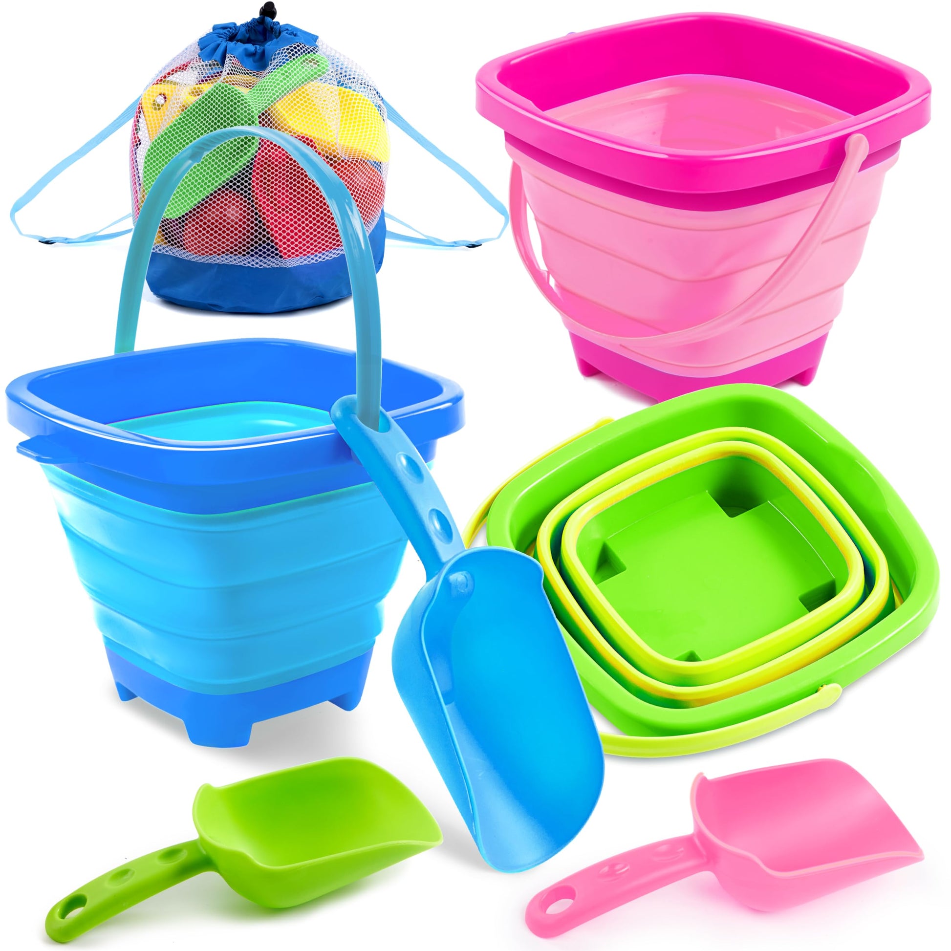 Sloosh 3 Pcs Foldable Buckets With 3 Shovels, Square Sand Water Bucket Sandbox Party In Summer Collapsible Silicone Pail Bucket