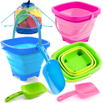 Sloosh 3 Pcs Foldable Buckets With 3 Shovels, Square Sand Water Bucket Sandbox Party In Summer Collapsible Silicone Pail Bucket