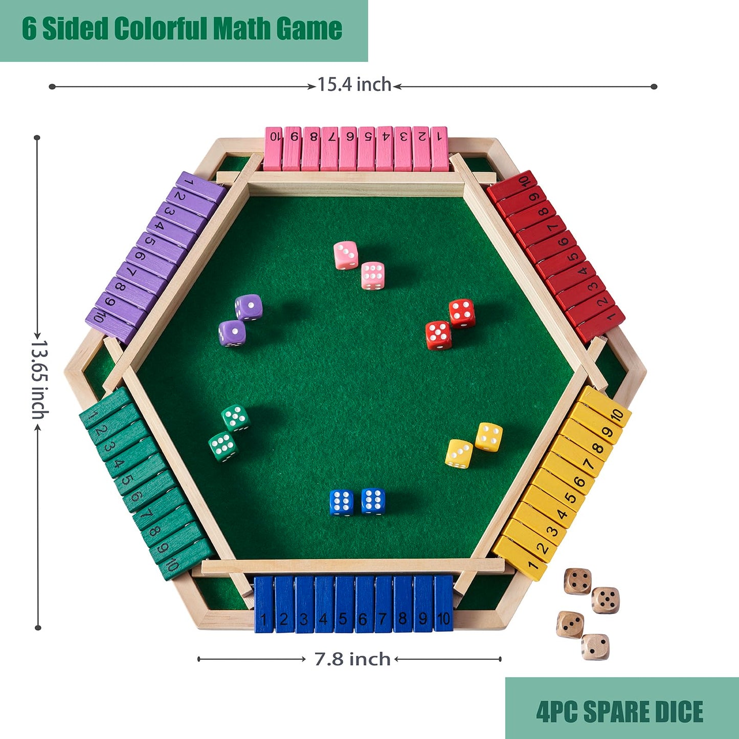Vamslove Shut The Box Game For 6 Player With 12+4 Dice - Colorful 6 Sided Wooden Board Math Number Games For Kids Adults Families Party Club (Instructions Included)