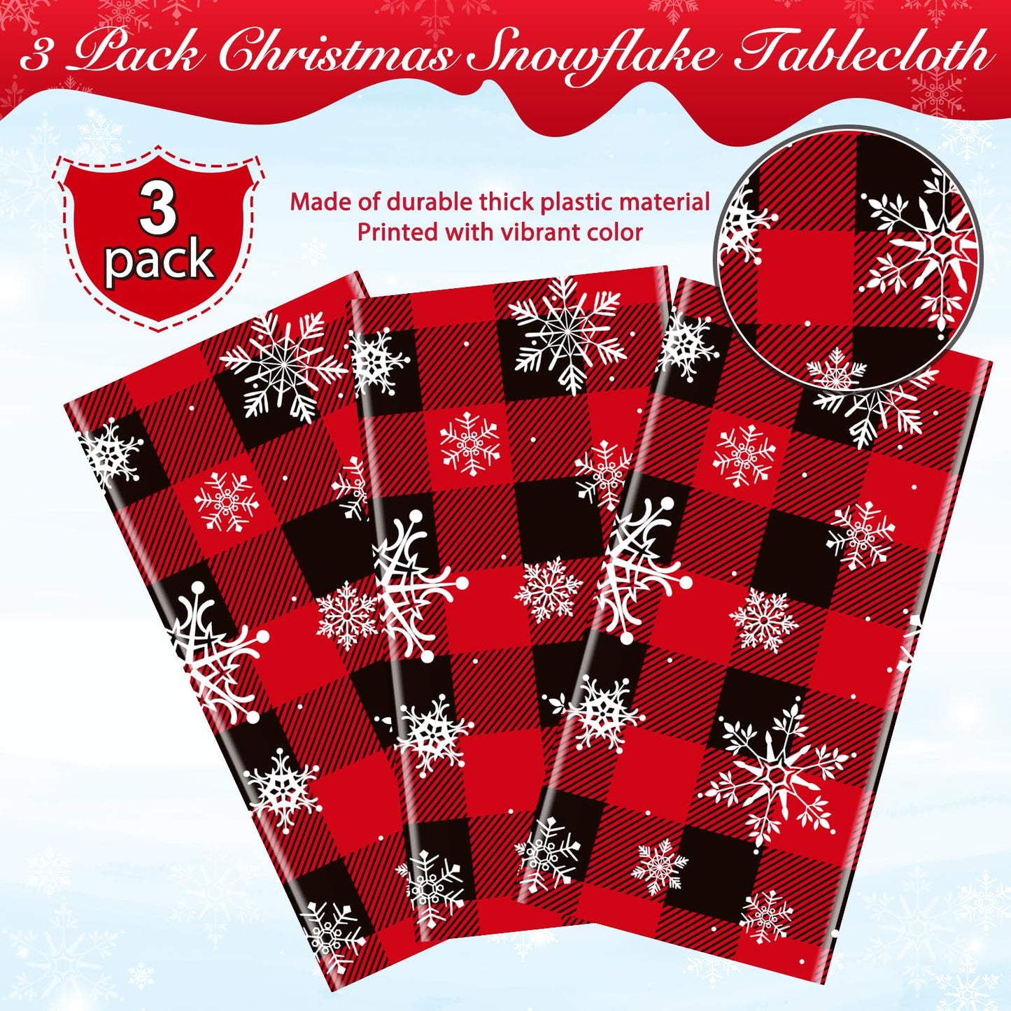 3 Pieces Red and Black Buffalo Plaid Merry Christmas Party Tablecloth Decorations,Plastic White Snowflake Buffalo Plaid Sign Tab
