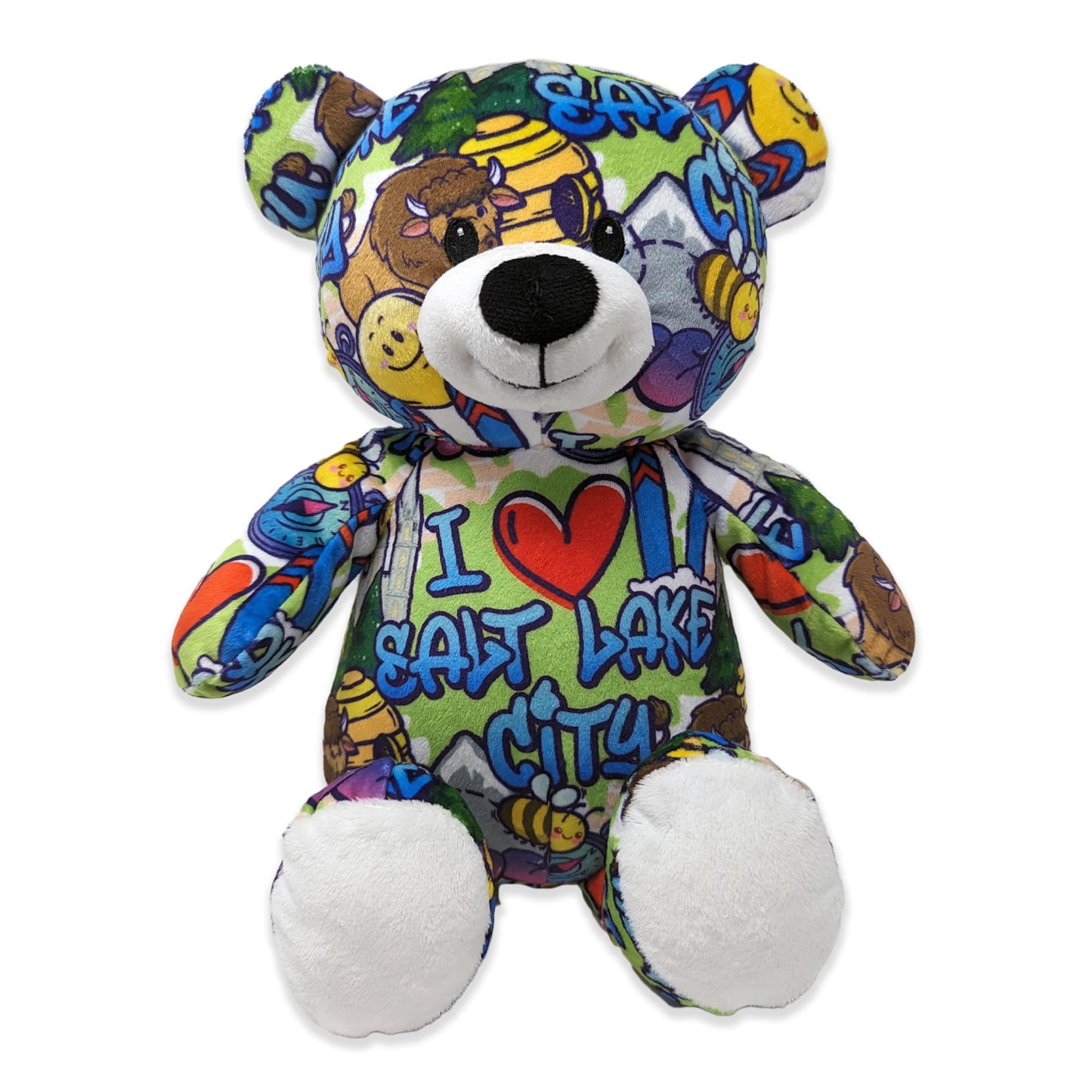 PLUSHOLOGY I Love Salt Lake City Graffiti Teddy Bear Eco Friendly Stuffed Animal; Cuddly Soft Velboa Plush Animal for Kids 3 Years Old to mature-themeds; Child-Safe Embroidered Eyes (10 Tall When Seated)